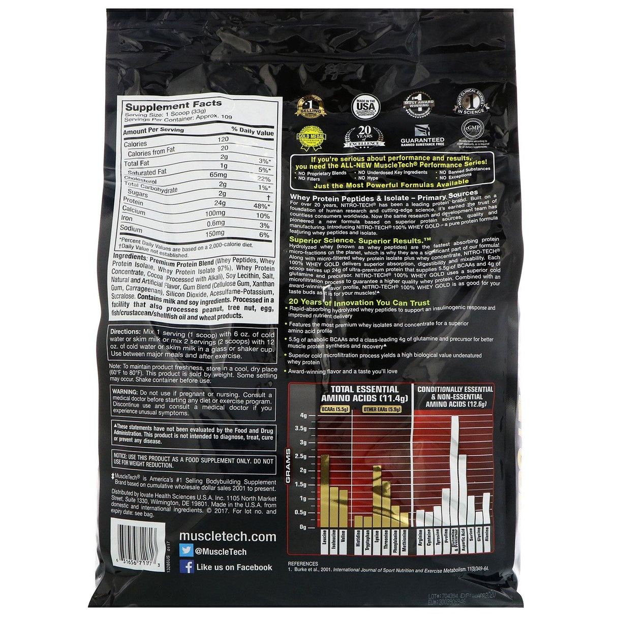 Muscletech, Nitro Tech, 100% Whey Gold, Whey Protein Powder, Double Rich Chocolate, 8 lbs (3.63 kg) - Supply Center USA