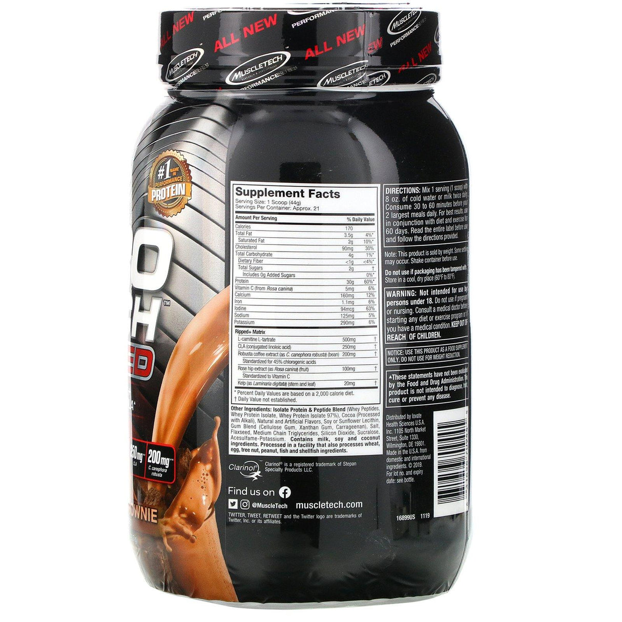 Muscletech, Nitro Tech Ripped, Ultimate Protein + Weight Loss Formula, Chocolate Fudge Brownie, 2 lbs (907 g) - Supply Center USA