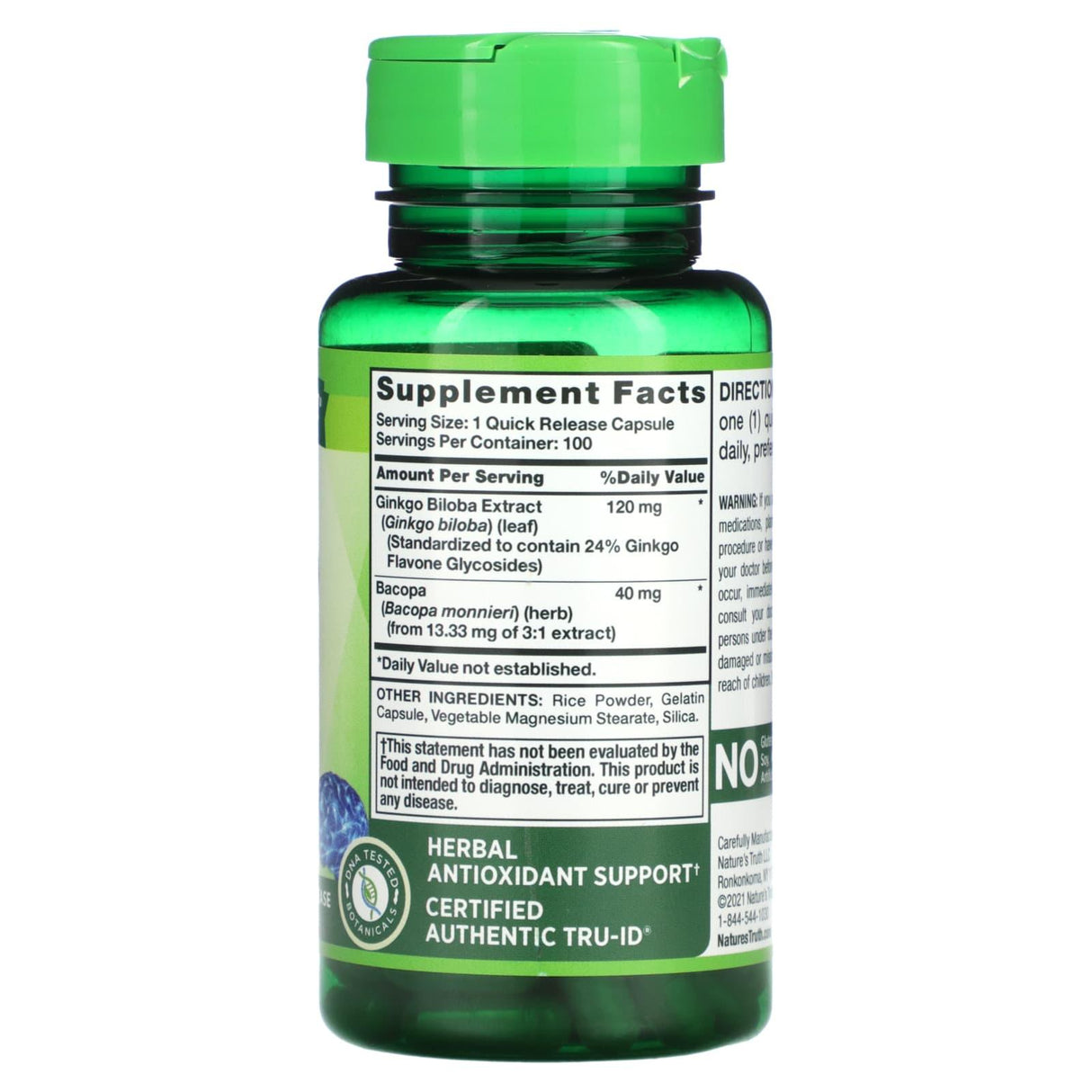 Nature's Truth, Ginkgo Biloba Plus Bacopa, 120 mg, 100 Quick Release Capsules - Supply Center USA