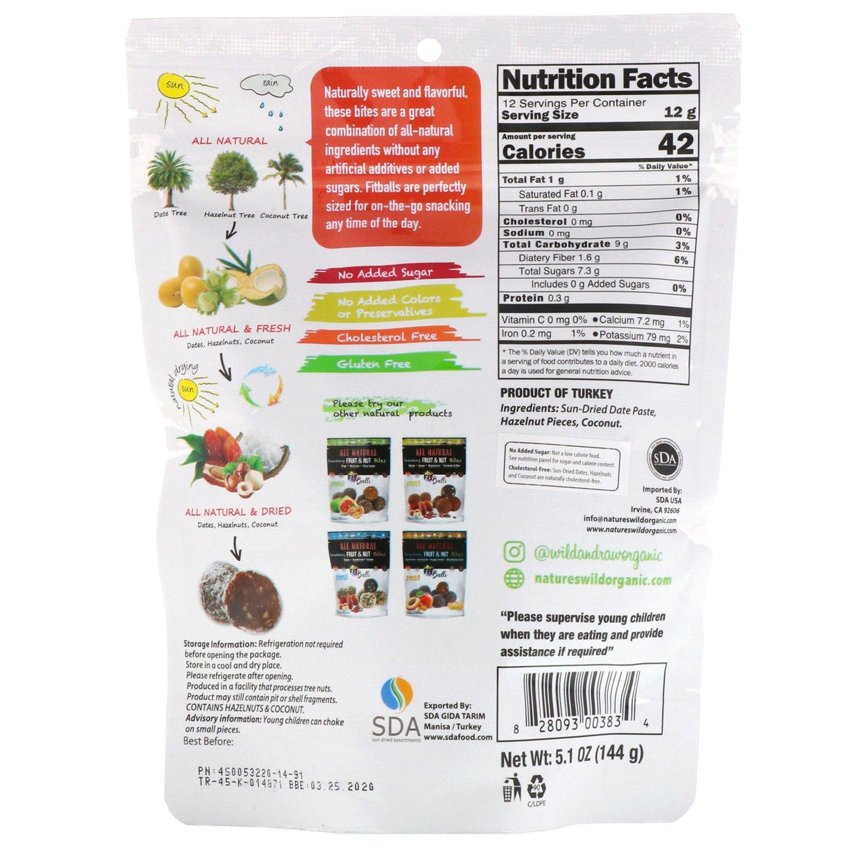 Nature's Wild Organic, All Natural, Snacking Fruit & Nut Bites, Fit Balls, Dates + Hazelnuts + Coconut, 5.1 oz (144 g) - Supply Center USA