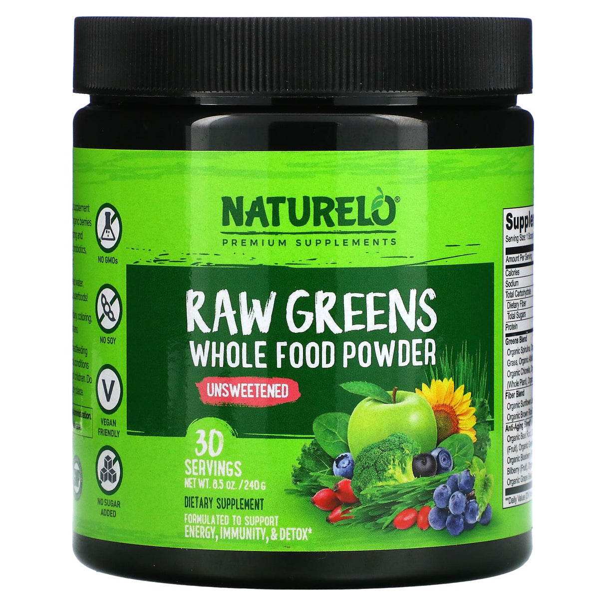 NATURELO, Raw Greens, Whole Food Powder, Unsweetened, 8.5 oz (240 g) - Supply Center USA