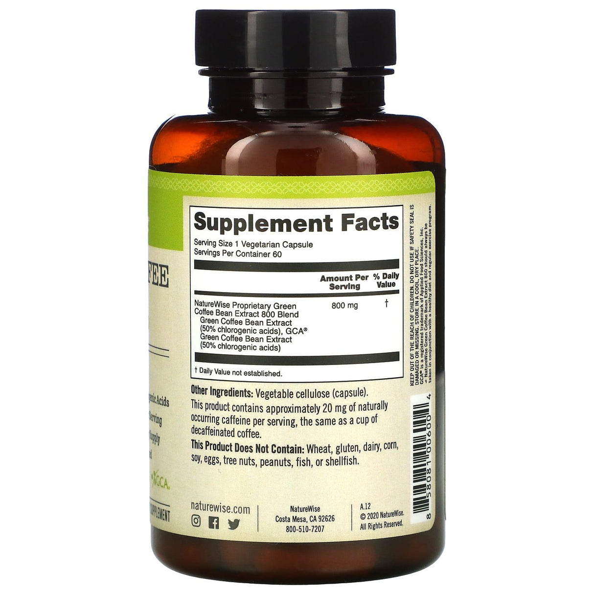 NatureWise, Green Coffee Bean Extract, 800 mg, 60 Vegetarian Capsules - Supply Center USA