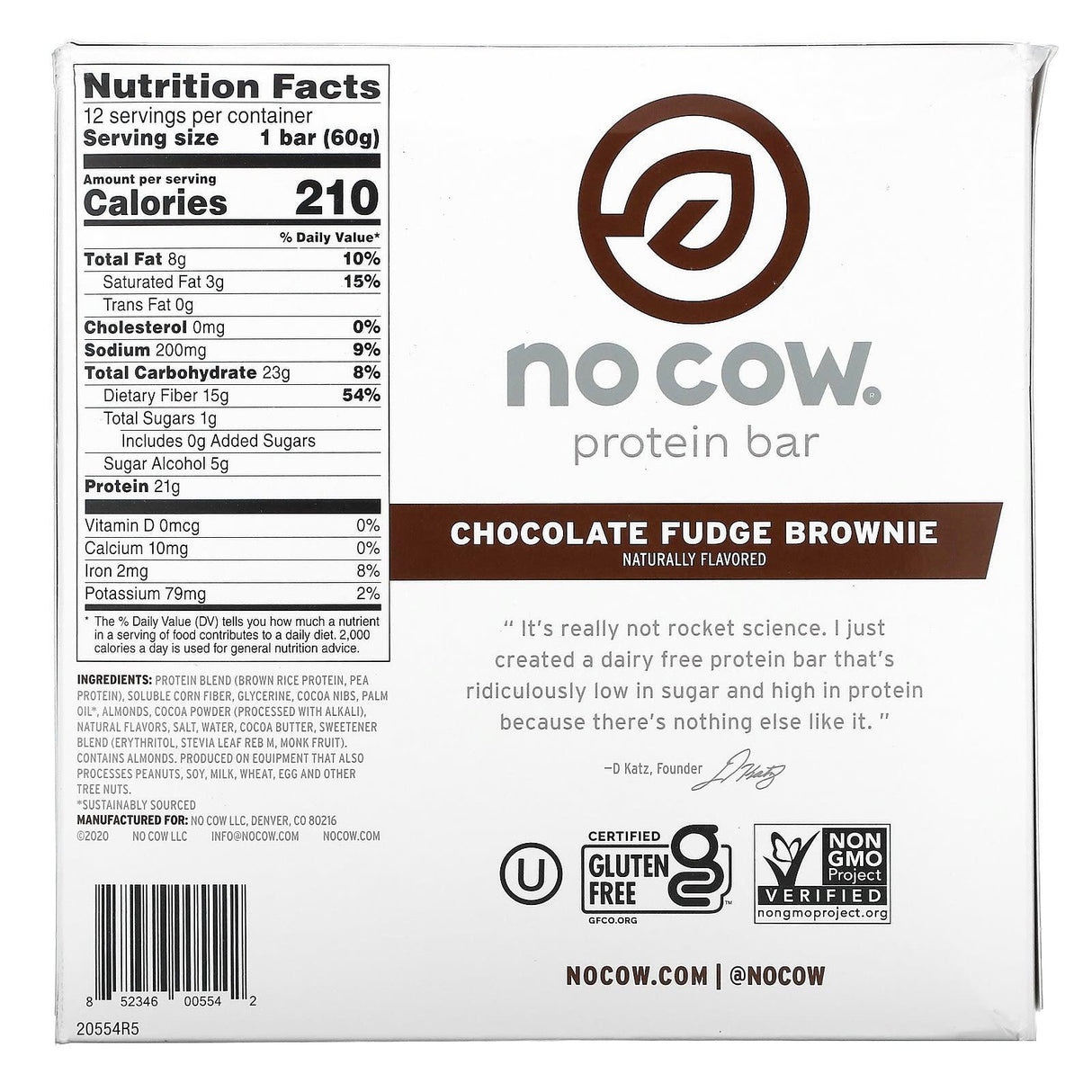 No Cow, Protein Bar, Chocolate Fudge Brownie, 12 Bars, 2.12 oz (60 g) Each - Supply Center USA