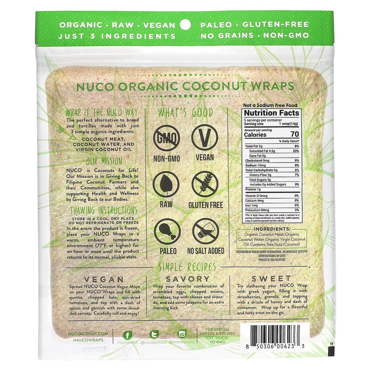 NUCO, Organic Coconut Wraps, Original, 5 Wraps (14 g) Each - Supply Center USA