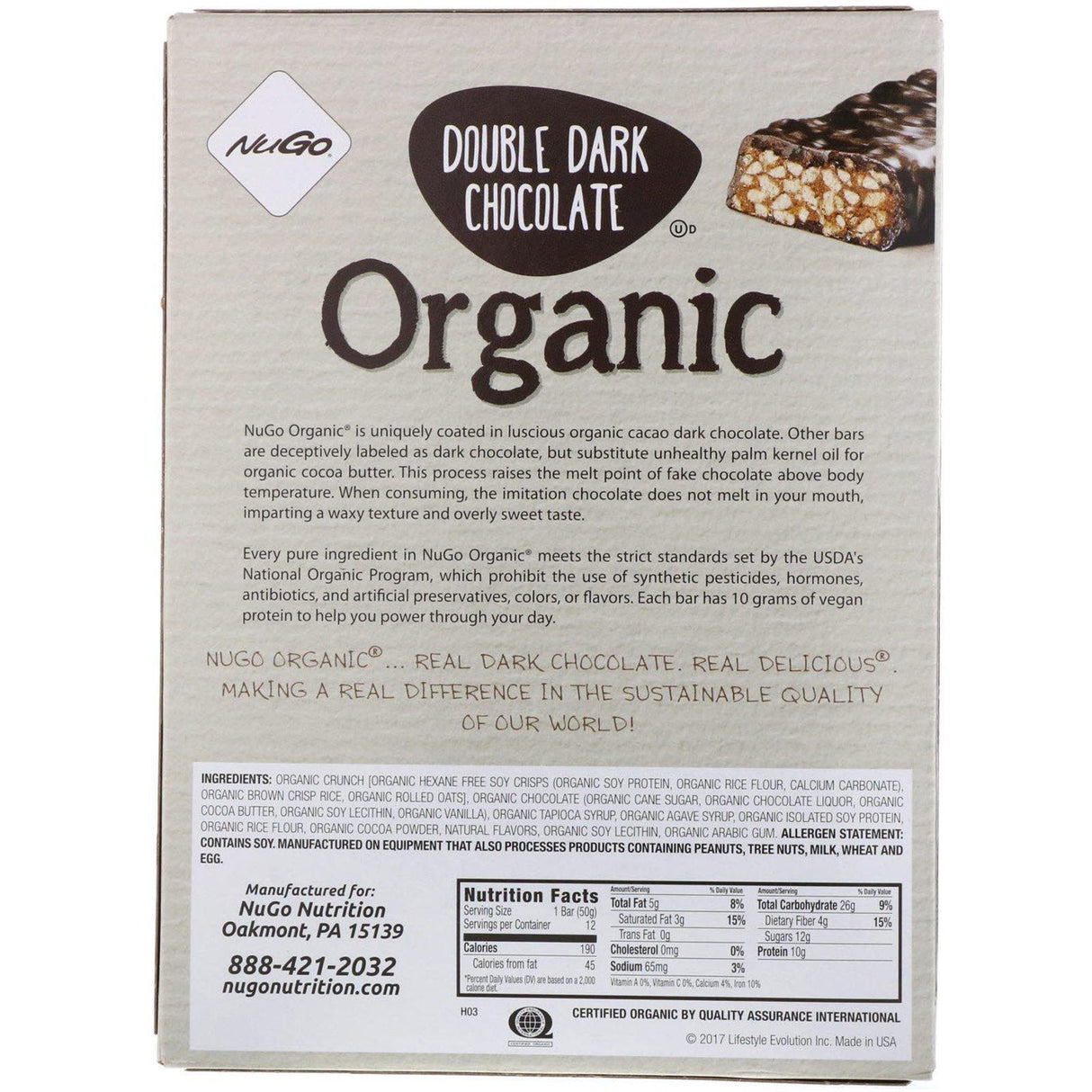 NuGo Nutrition, Organic Protein Bars, Double Dark Chocolate, 12 Bars, 1.76 oz (50 g) Each - Supply Center USA