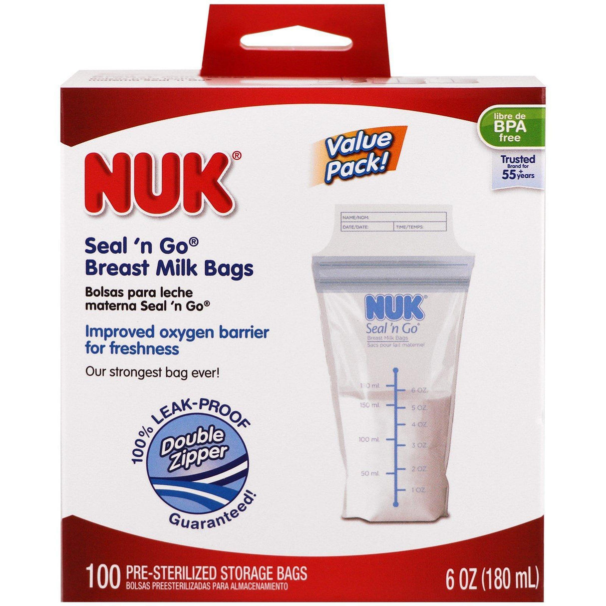 NUK, Seal 'n Go, Breast Milk Bags, 100 Pre-Sterilized Storage Bags, 6 oz (180 ml) Each - Supply Center USA