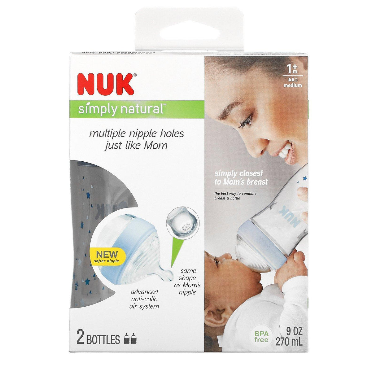 NUK, Simply Natural, Bottles, 1+ Month, Medium, 2 Pack, 9 oz (270 ml) Each - Supply Center USA