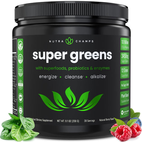 Nutrachamps Super Greens Powder Premium Superfood | 20+ Organic Green Veggie Whole Foods | Wheat Grass, Spirulina, Chlorella & More | Antioxidant, Digestive Enzyme & Probiotic Blends - Supply Center USA