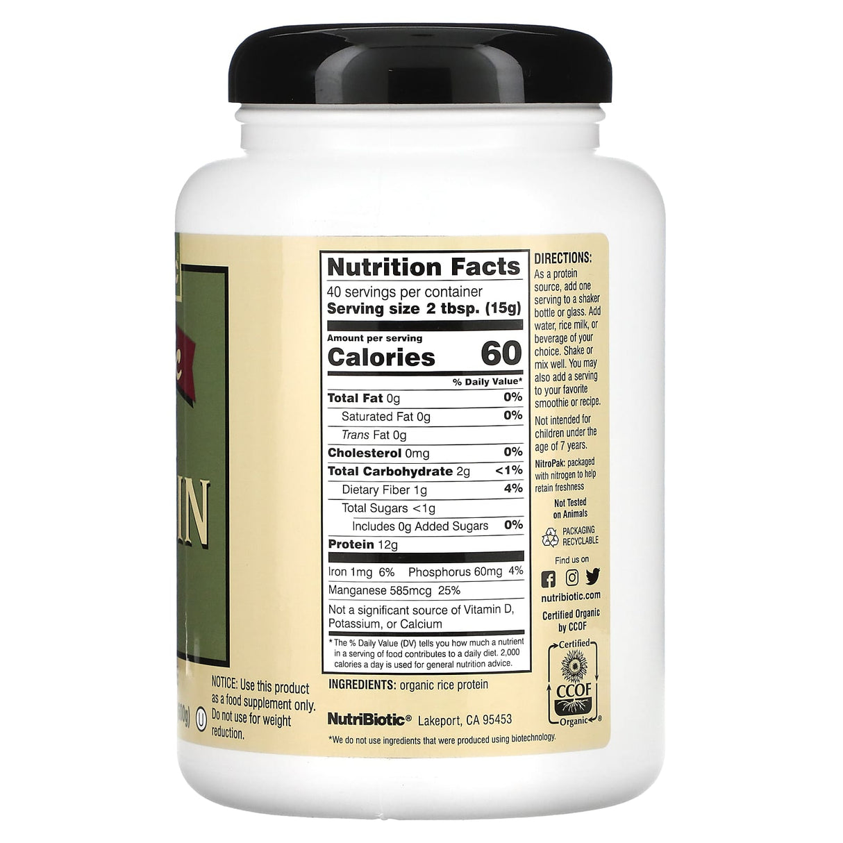 NutriBiotic, Organic Rice Protein Powder, Plain, 1 lb 5.16 oz (600 g) - Supply Center USA