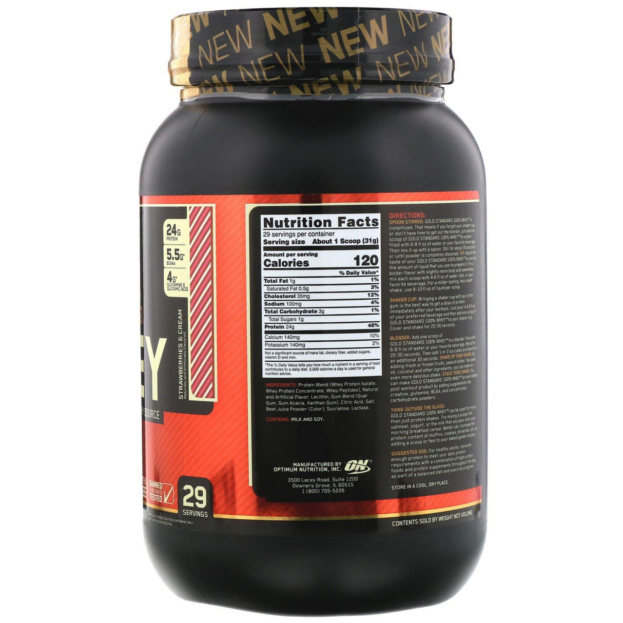 Optimum Nutrition, Gold Standard 100% Whey, Strawberries & Cream, 1.98 lb (899 g) - Supply Center USA
