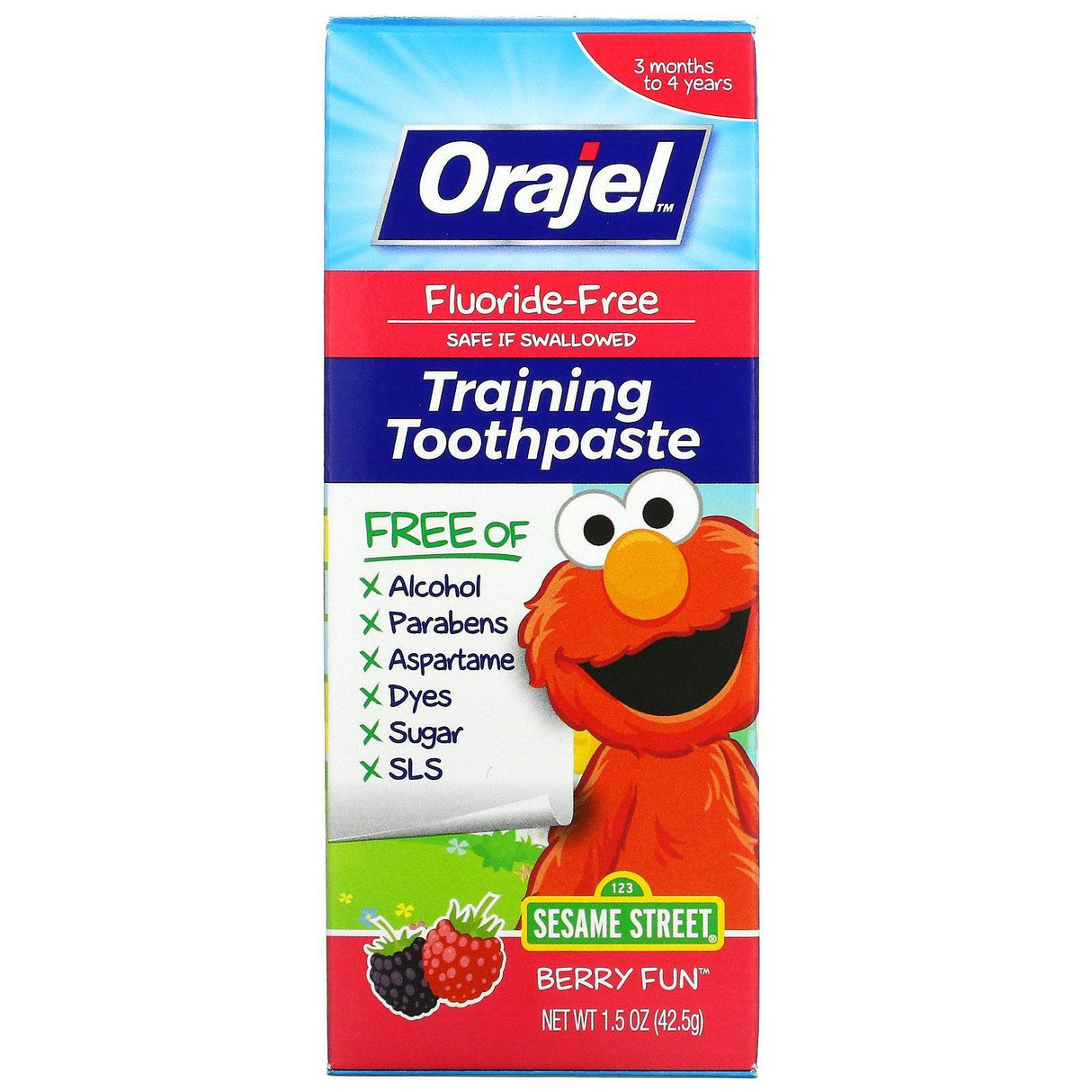 Orajel, Elmo Training Toothpaste, Fluoride-Free, 3 Months to 4 Years, Berry Fun, 1.5 oz (42.5 g) - Supply Center USA