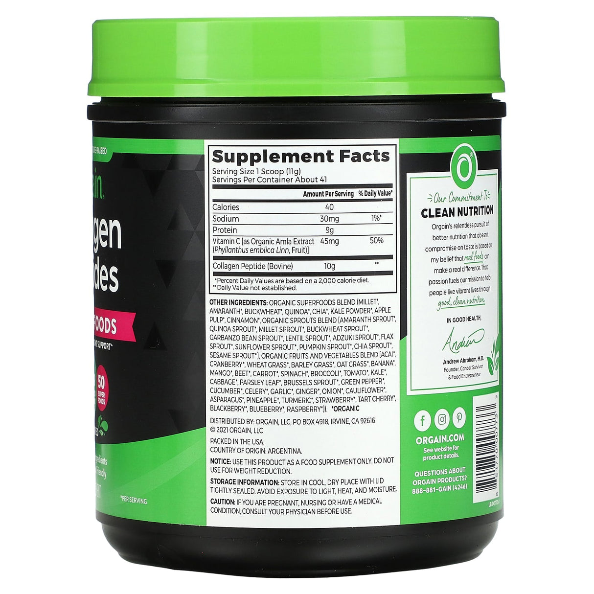 Orgain, Collagen Peptides, Plus 50 Superfoods, Unflavored, 1 lb (454 g) - Supply Center USA