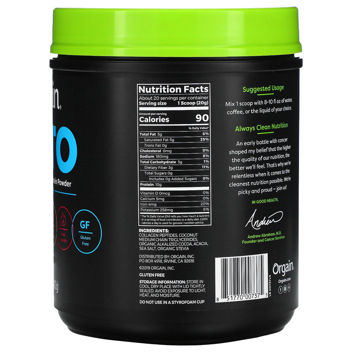 Orgain, Keto, Ketogenic Collagen Protein Powder with MCT Oil, Chocolate, 0.88 lb (400 g) - Supply Center USA