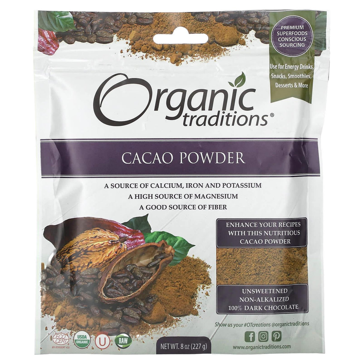 Organic Traditions, Cacao Powder, 8 oz (227 g) - Supply Center USA