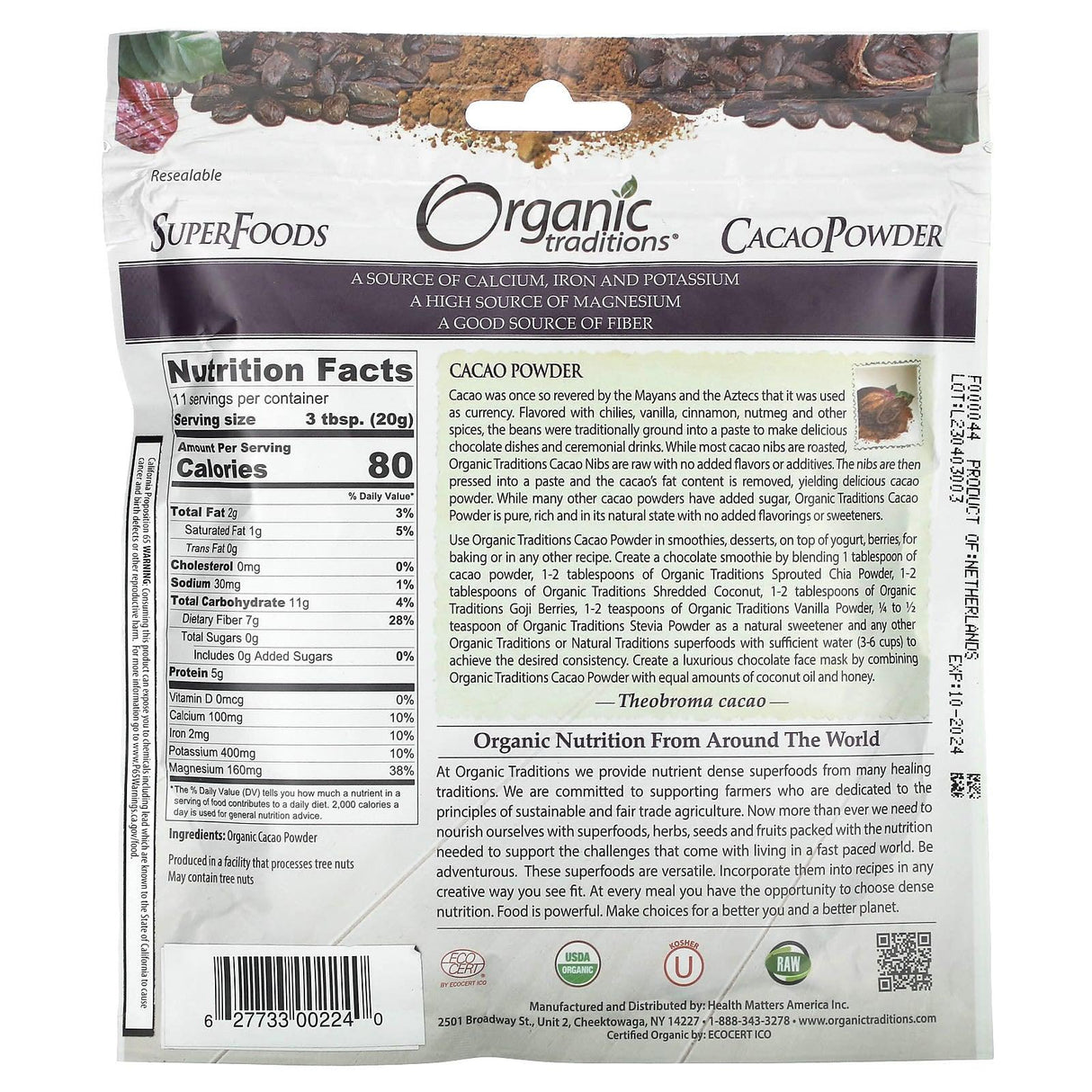 Organic Traditions, Cacao Powder, 8 oz (227 g) - Supply Center USA