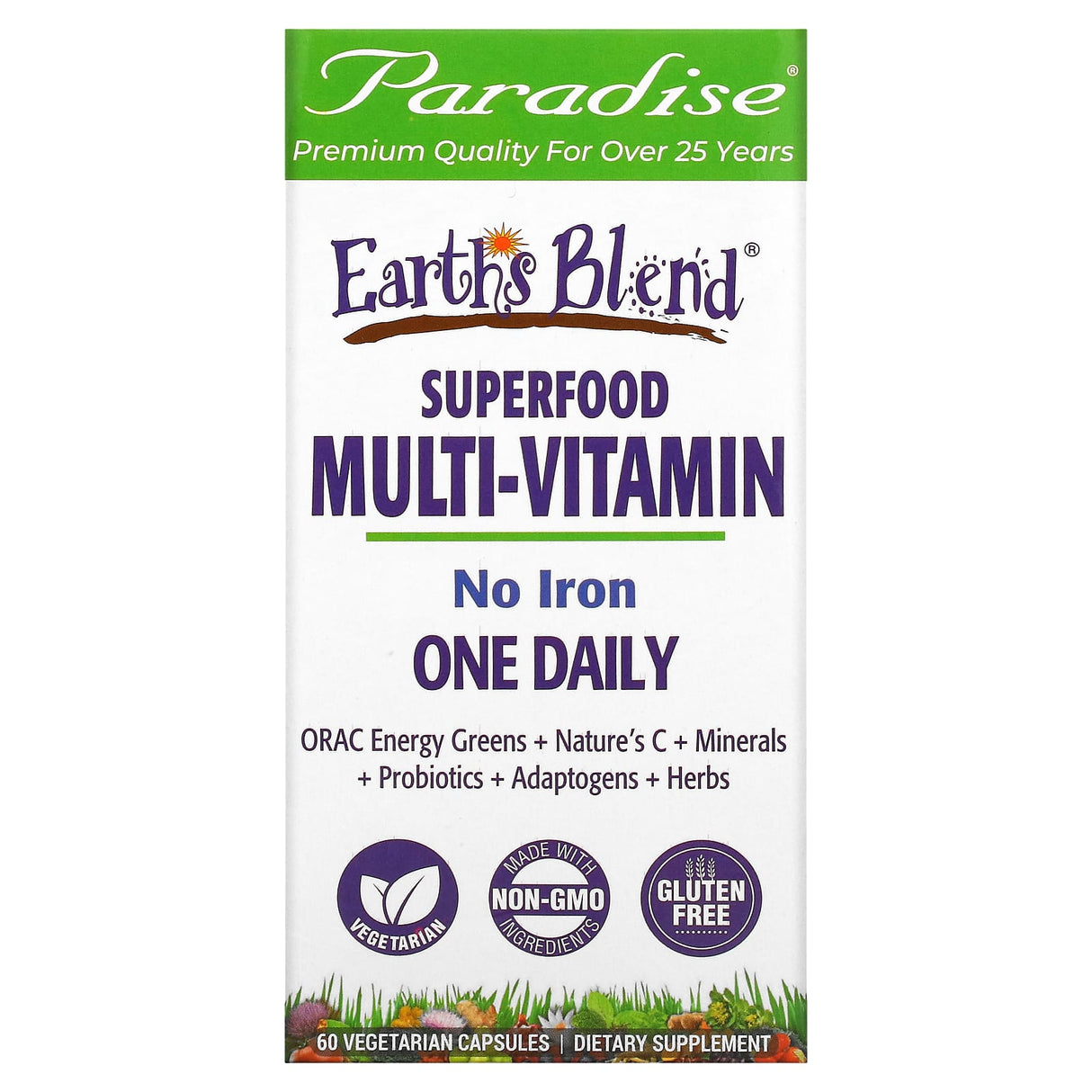 Paradise Herbs, Earth's Blend, One Daily Superfood Multi-Vitamin, No Iron, 60 Vegetarian Capsules - Supply Center USA