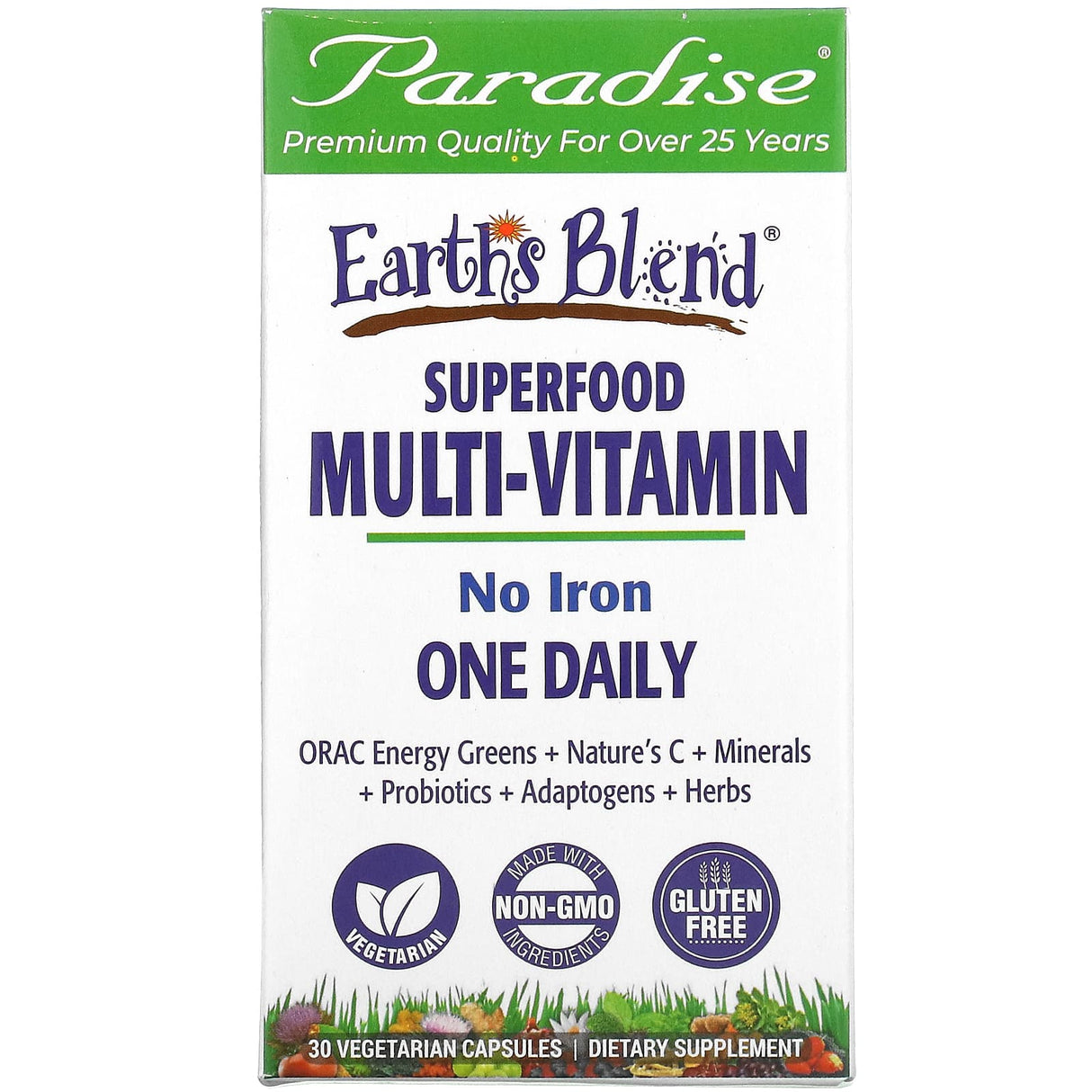 Paradise Herbs, Earth's Blend, One Daily Superfood Multi-Vitamin, No Iron, 60 Vegetarian Capsules - Supply Center USA