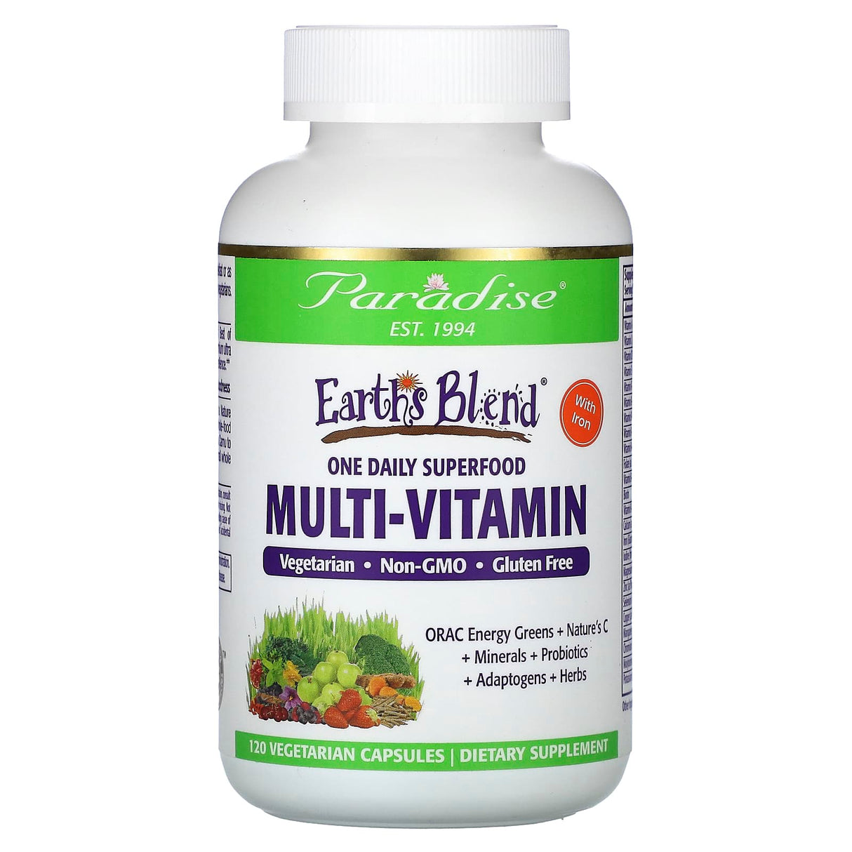 Paradise Herbs, Earth's Blend, One Daily Superfood Multi-Vitamin with Iron, 120 Vegetarian Capsules - Supply Center USA