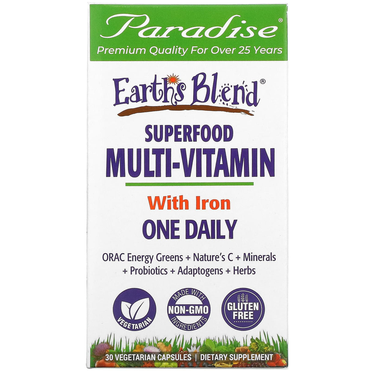 Paradise Herbs, Earth's Blend, One Daily Superfood Multi-Vitamin with Iron, 120 Vegetarian Capsules - Supply Center USA