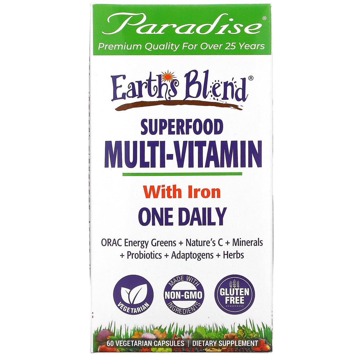 Paradise Herbs, Earth's Blend, One Daily Superfood Multi-Vitamin with Iron, 120 Vegetarian Capsules - Supply Center USA