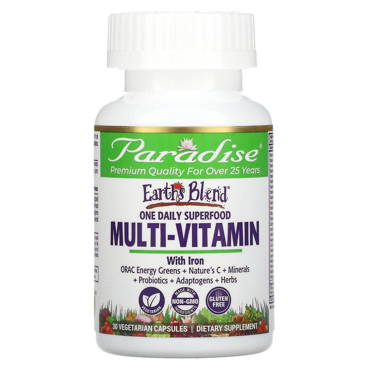 Paradise Herbs, Earth's Blend, One Daily Superfood Multi-Vitamin, With Iron, 30 Vegetarian Capsules - Supply Center USA
