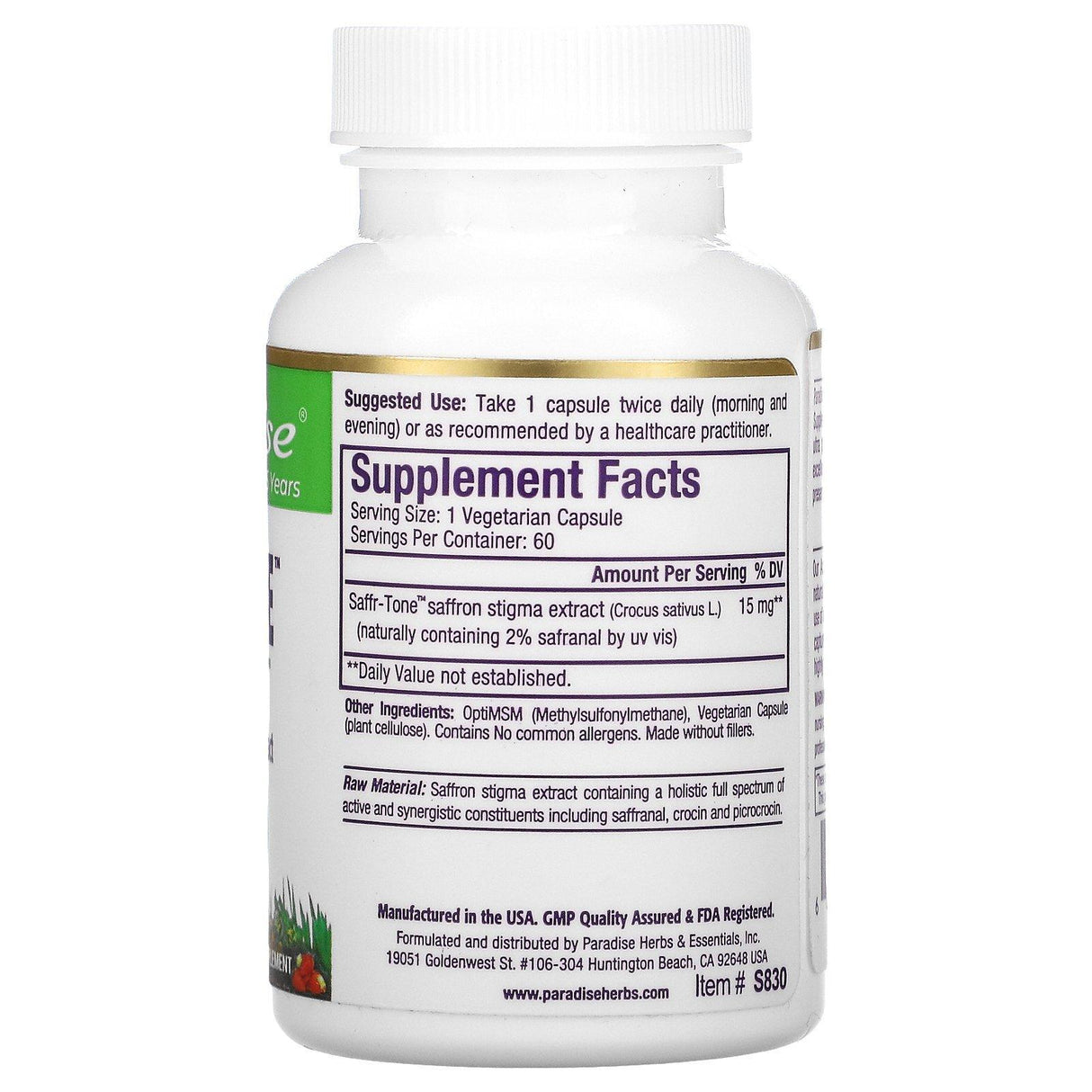Paradise Herbs, Saffr-Tone, 60 Vegetarian Capsules - Supply Center USA