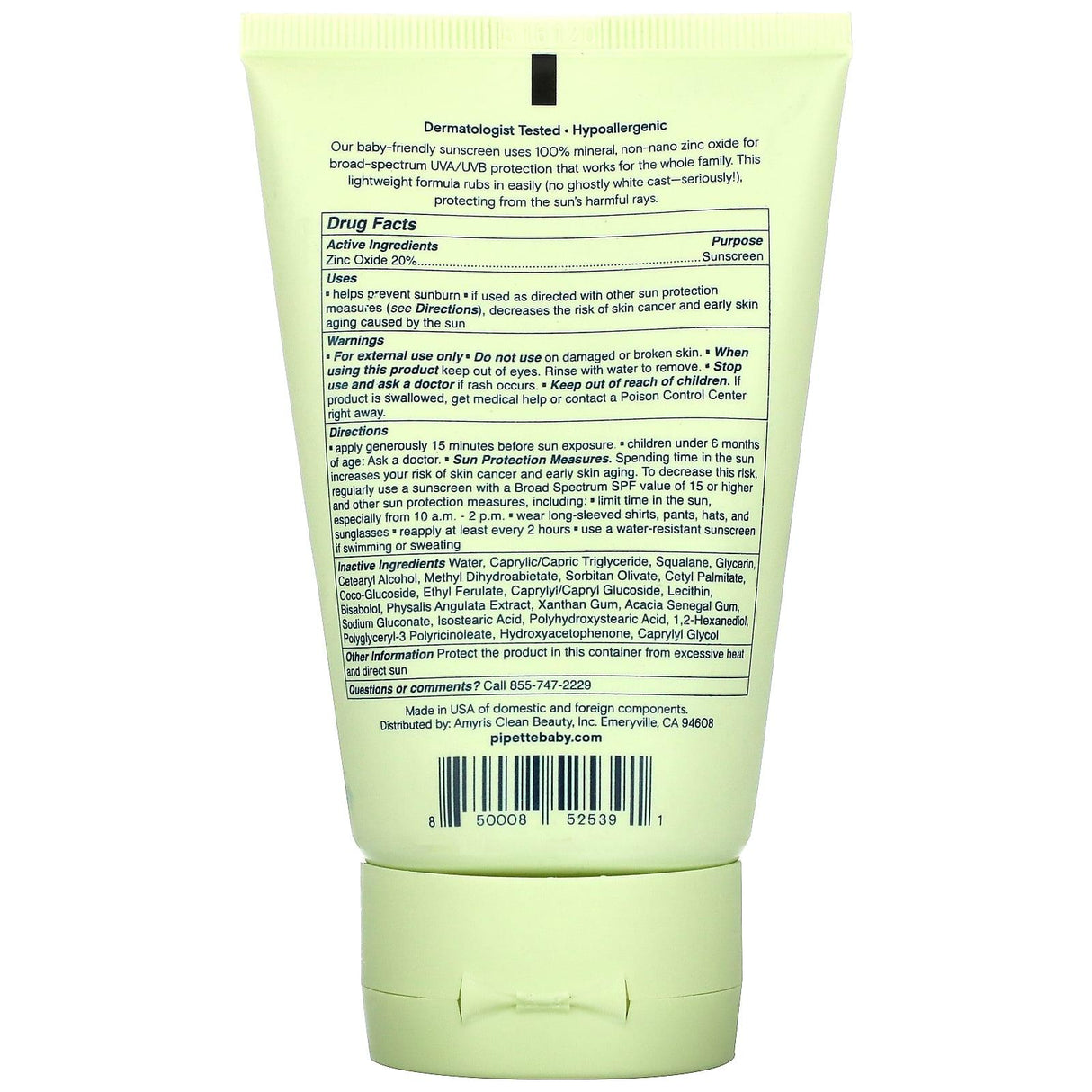 Pipette, Mineral Sunscreen Broad Spectrum, SPF 50, 4 fl oz (120 ml) - Supply Center USA