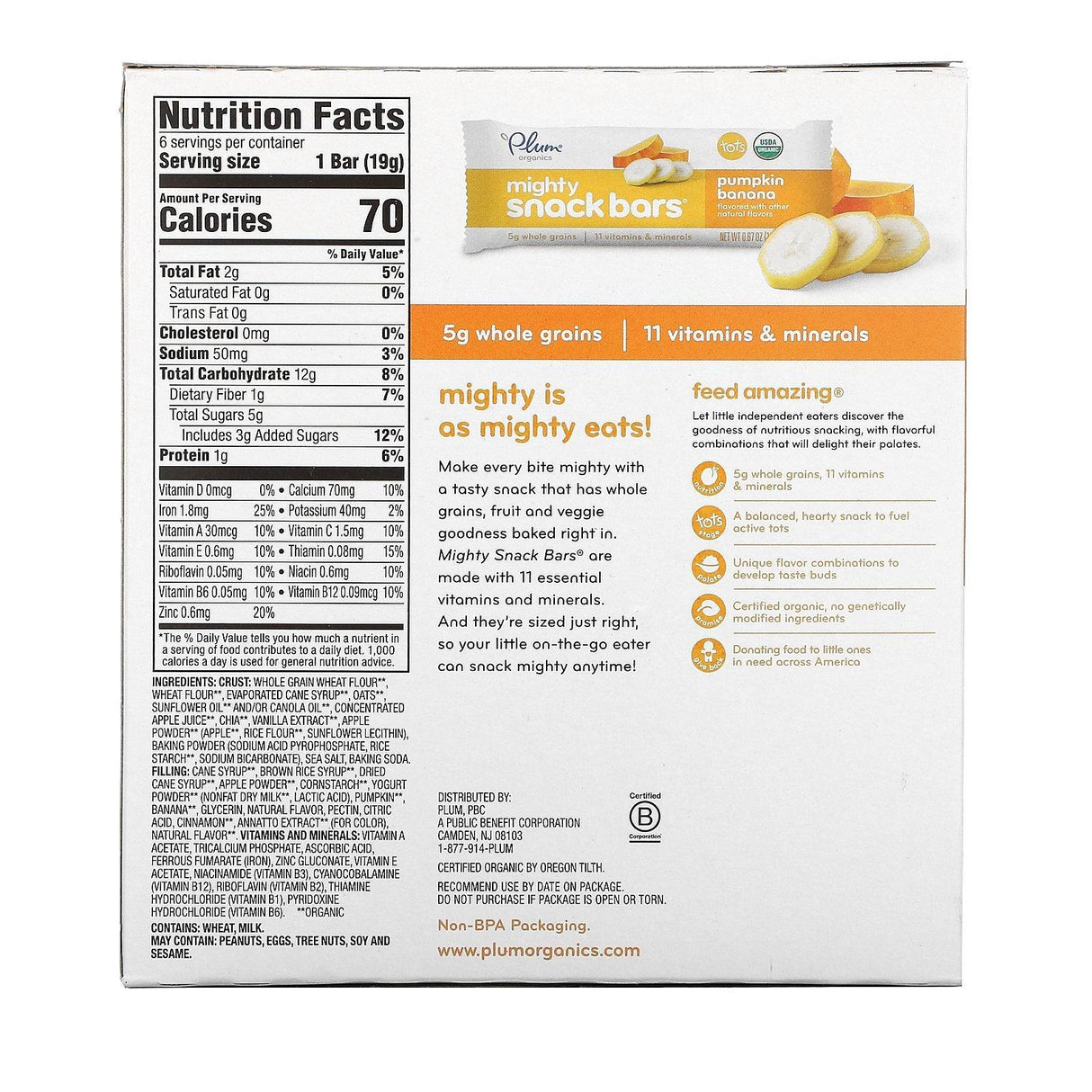 Plum Organics, Mighty Snack Bars, Tots, Pumpkin Banana, 6 Bars, 0.67 oz (19 g) Each - Supply Center USA