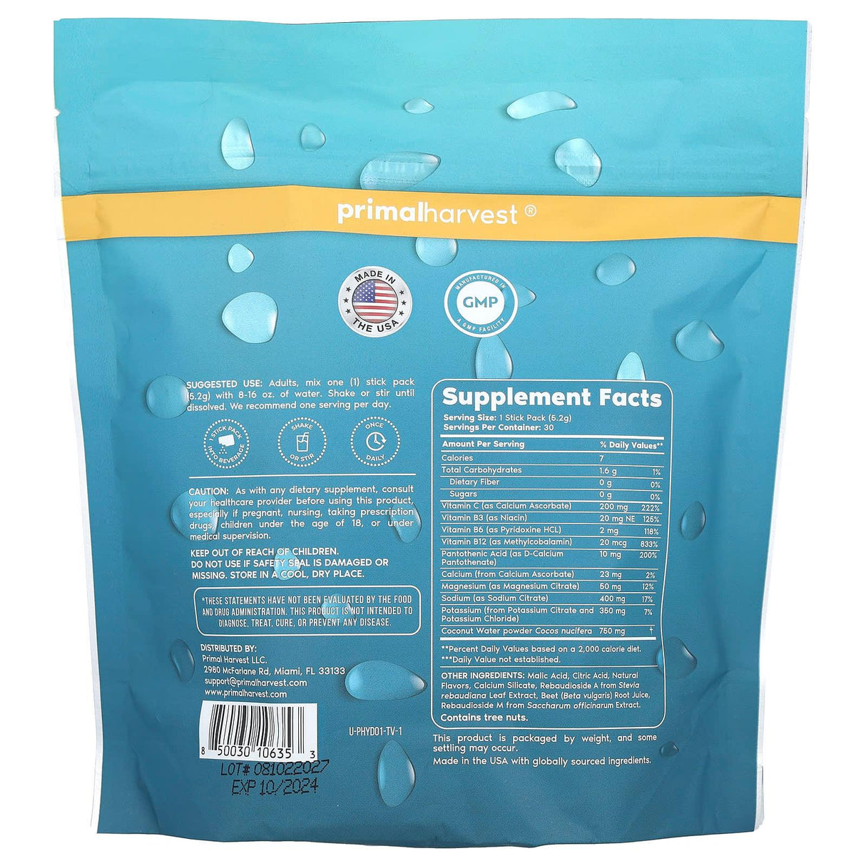 Primal Harvest, Primal Hydration, Sugar Free, Lemon Berry, 30 Stick Packs, 5.5 oz (156 g) - Supply Center USA