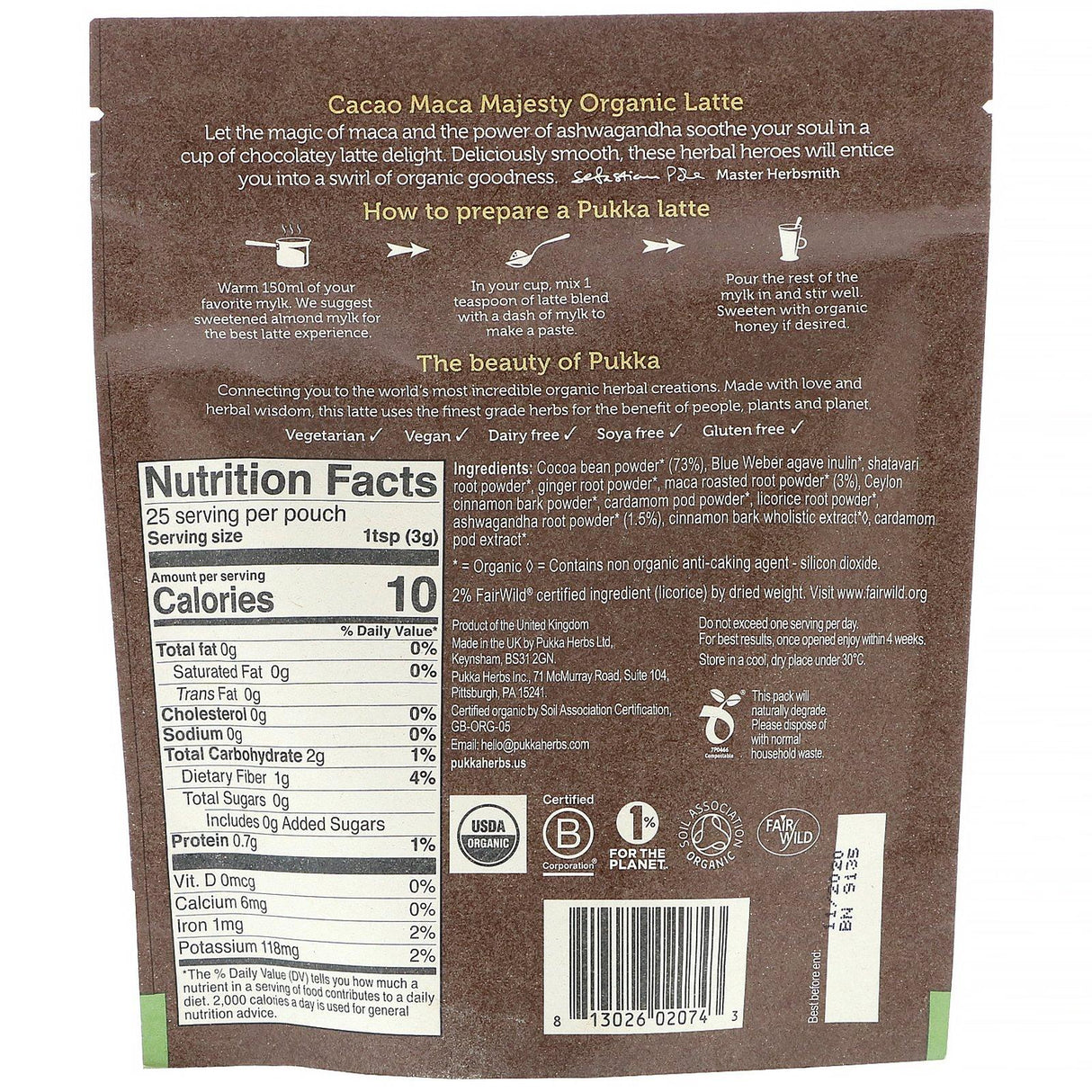 Pukka Herbs, Cacao Maca Majesty Organic Latte, 2.65 oz (75 g) - Supply Center USA