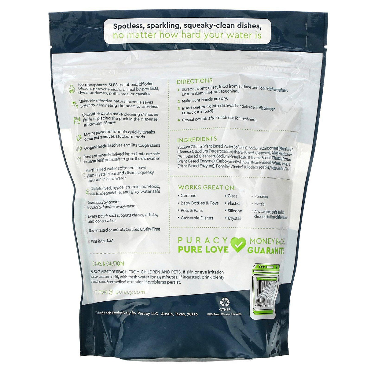 Puracy, Dishwasher Detergent Packs, Free & Clear, 50 Wash Loads, 30 oz (850 g) - Supply Center USA