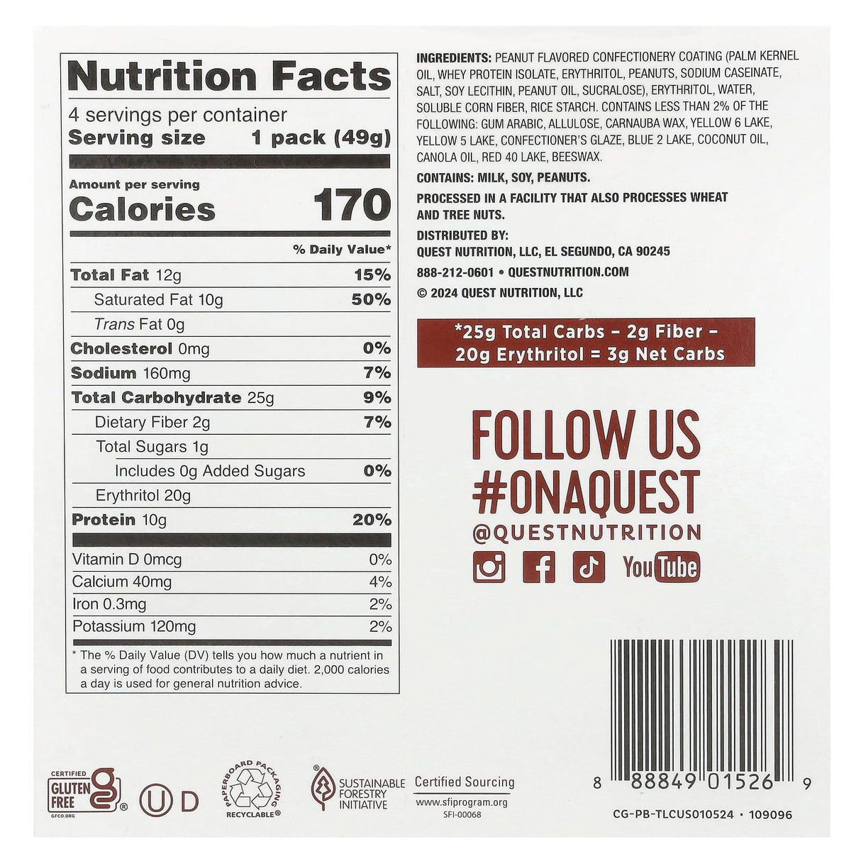 Quest Nutrition, Coated Candies, Peanut Butter, 4 Packs, 1.73 oz (49 g) Each - Supply Center USA