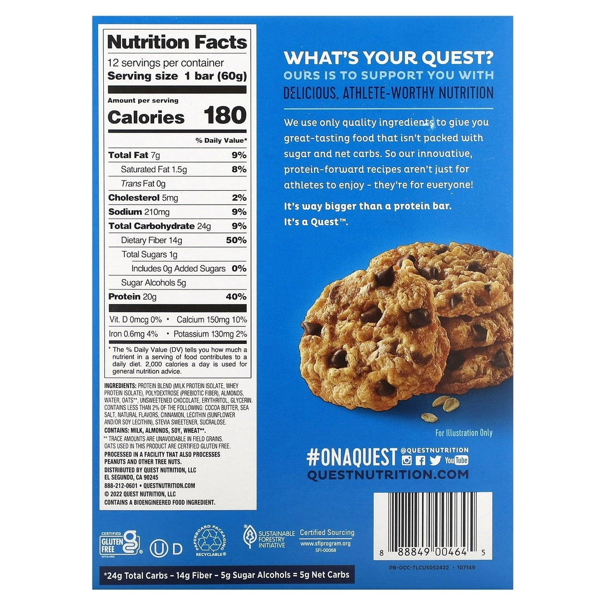 Quest Nutrition, Protein Bar, Oatmeal Chocolate Chip, 12 Bars, 2.12 oz (60 g) Each - Supply Center USA