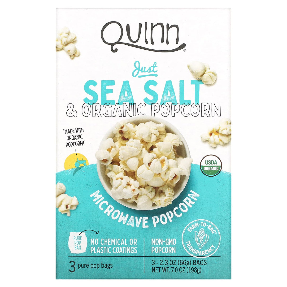 Quinn Popcorn, Microwave Popcorn, Just Sea Salt, 3 Bags, 2.3 oz (66 g) Each - Supply Center USA