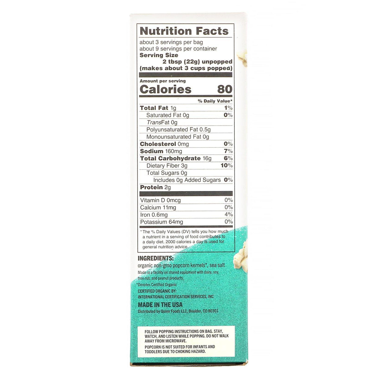 Quinn Popcorn, Microwave Popcorn, Just Sea Salt, 3 Bags, 2.3 oz (66 g) Each - Supply Center USA