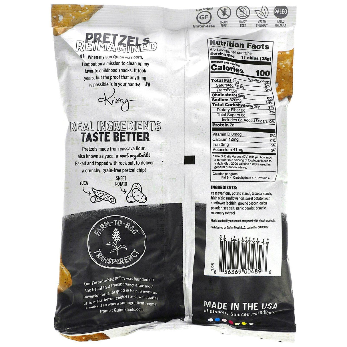 Quinn Popcorn, Pretzel Chips, Grain Free, Cracked Black Pepper, 5.5 oz (156 g) - Supply Center USA