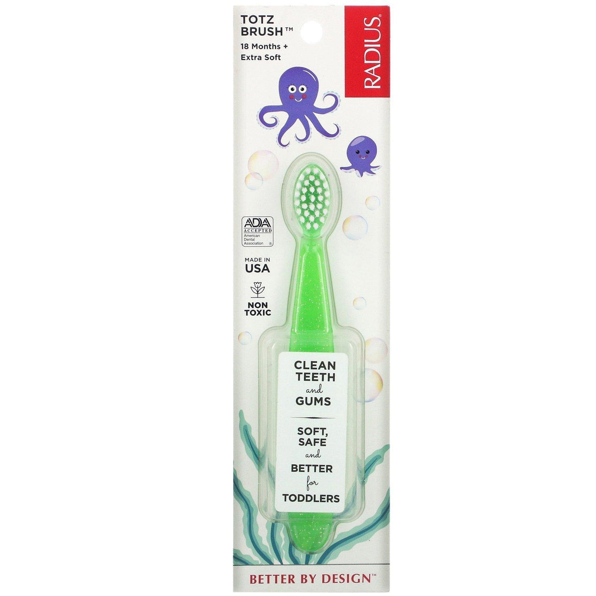 RADIUS, Totz Toothbrush, 18 + Months, Extra Soft, Green Sparkle, 1 Toothbrush - Supply Center USA