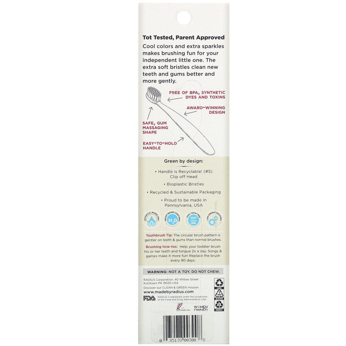 RADIUS, Totz Toothbrush, 18 + Months, Extra Soft, Green Sparkle, 1 Toothbrush - Supply Center USA