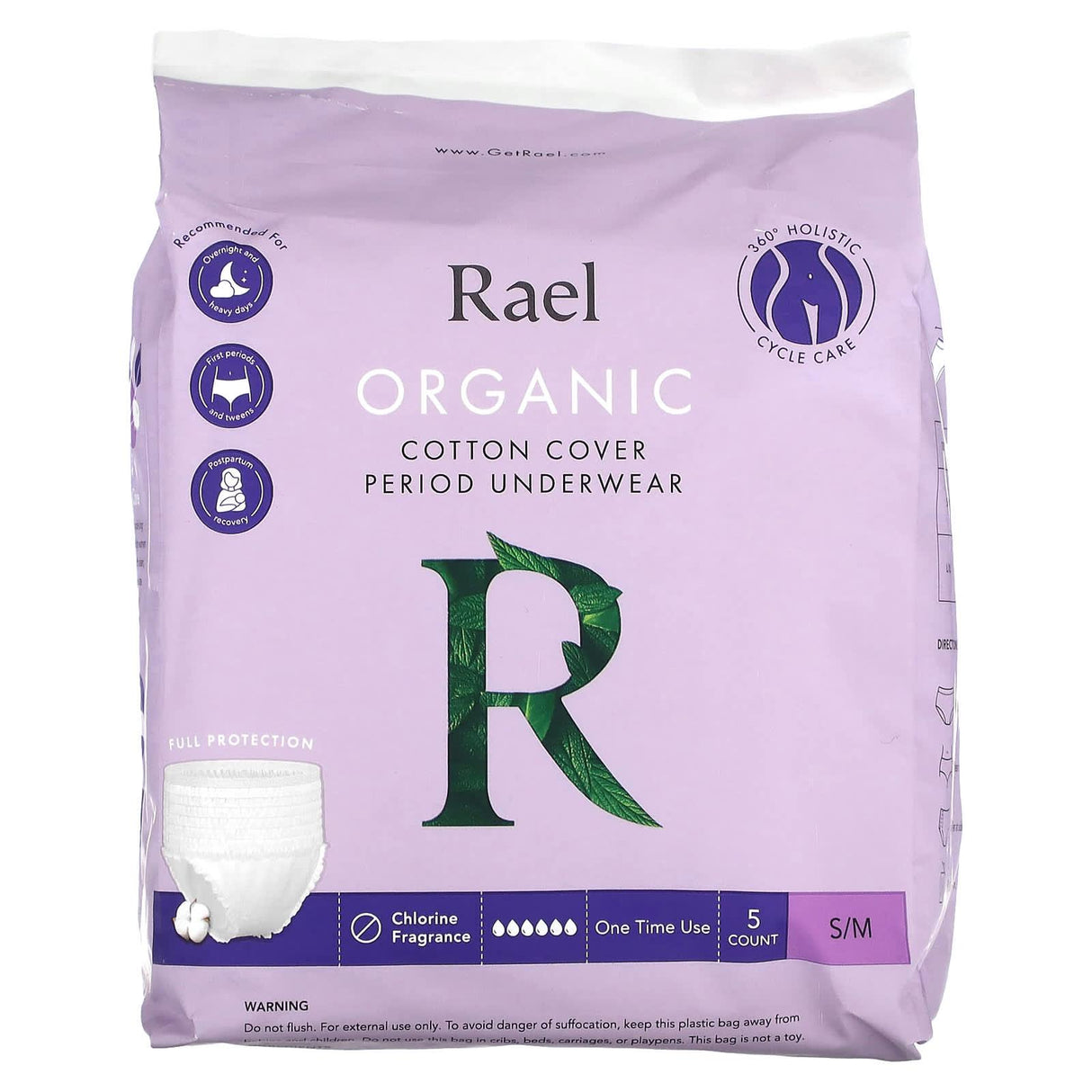 Rael, Inc., Organic Cotton Cover Period Underwear, S/M, 5 Count - Supply Center USA