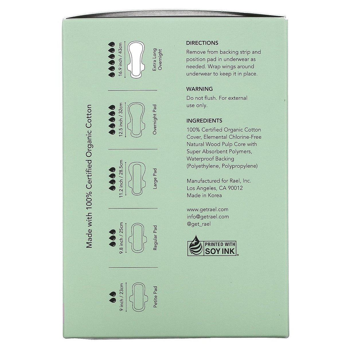 Rael, Organic Cotton Cover Pads, Extra Long Overnight, 6 Count - Supply Center USA
