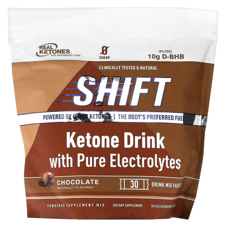 Real Ketones, Shift, Ketone Drink with Pure Electrolytes, Chocolate, 30 Drink Mix Packets, 0.42 oz (12 g) Each - Supply Center USA