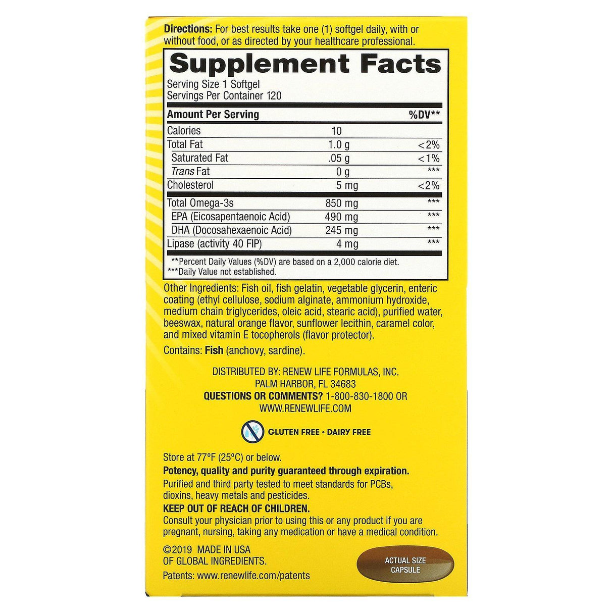 Renew Life, Norwegian Gold Omega-3 Fish Oil, 850 mg, 120 Enteric-Coated Softgels - Supply Center USA