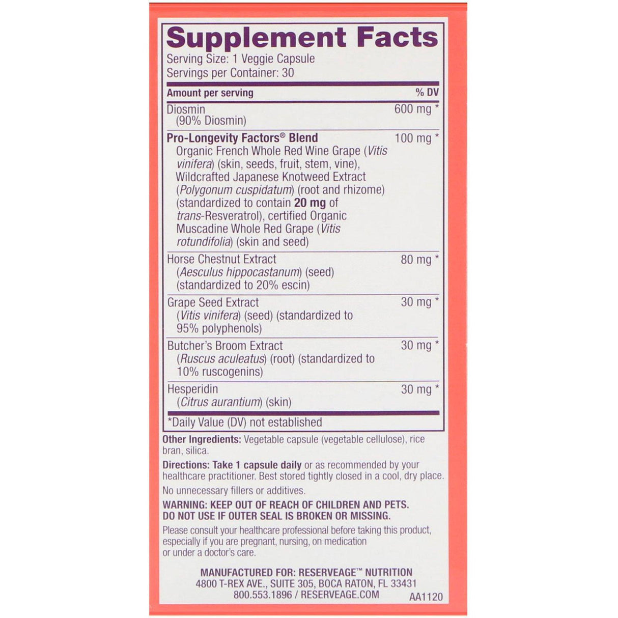 ReserveAge Nutrition, Beautiful Legs with Diosmin & Resveratrol, 30 Veggie Capsules - Supply Center USA