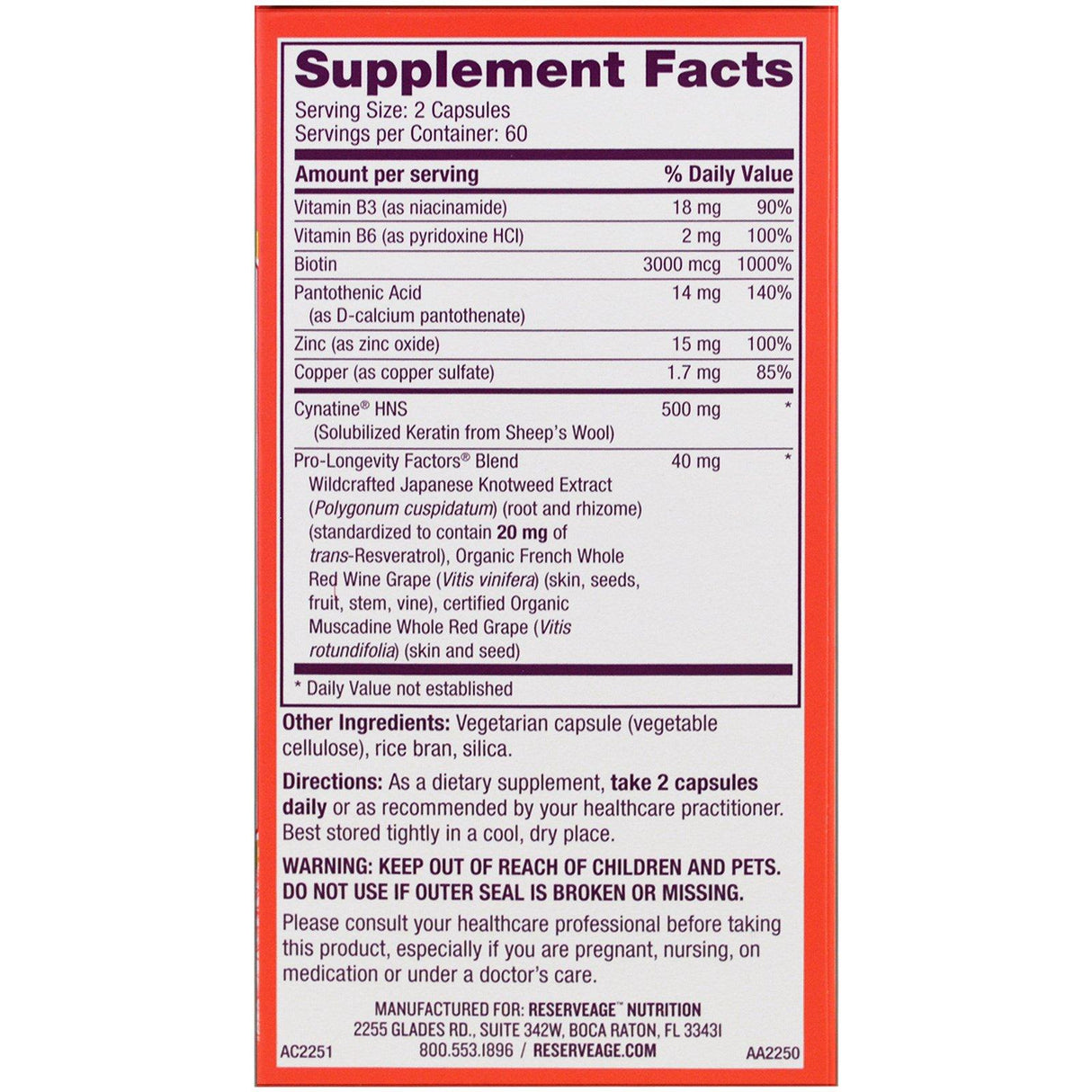 ReserveAge Nutrition, Keratin Hair Booster with Biotin & Resveratrol, 120 Capsules - Supply Center USA