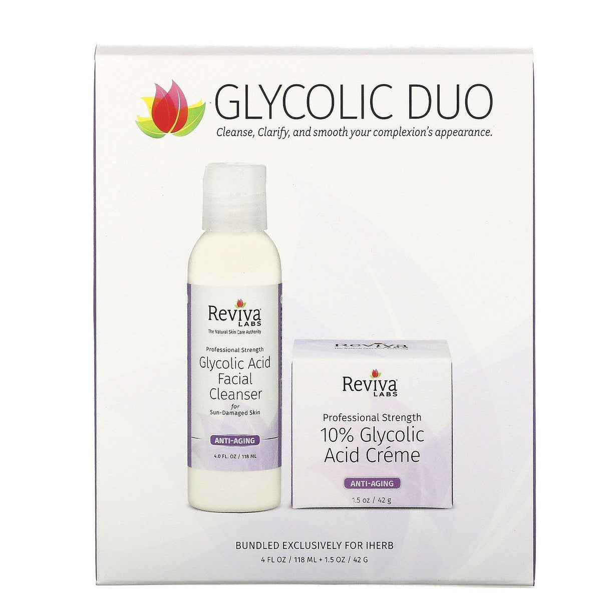 Reviva Labs, Glycolic Duo, 10% Glycolic Acid Creme & Glycolic Acid Facial Cleanser, 2 Piece Bundle - Supply Center USA