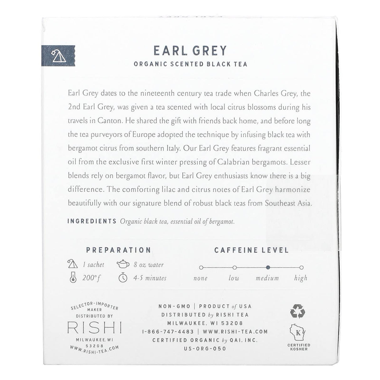 Rishi Tea, Earl Grey, Organic Scented Black Tea, 15 Sachets, 1.58 oz (45 g) - Supply Center USA