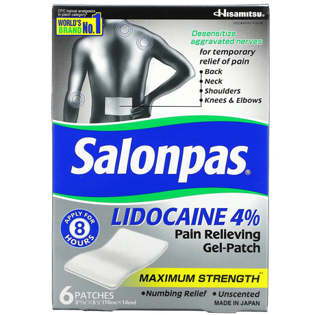 Salonpas, Lidocaine 4% Pain Relieving Gel-Patch, Maximum Strength, Unscented, 6 Patches - Supply Center USA