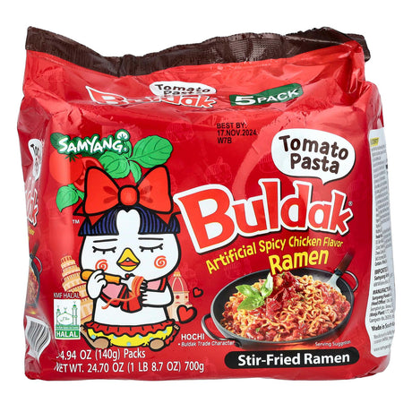 Samyang, Buldak®, Stir-Fried Ramen, Spicy Chicken, Tomato Pasta, 5 Packs, 4.94 oz (140 g) Each - Supply Center USA