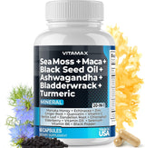 Sea Moss 3000Mg Maca 1000Mg Black Seed Oil 2000Mg Ashwagandha 1000Mg Bladderwrack, Turmeric - Manuka, Elderberry, Vitamins C & D3, Chlorophyll, Zinc, Black Pepper - Made in USA (60 Count (Pack of 1) - Supply Center USA
