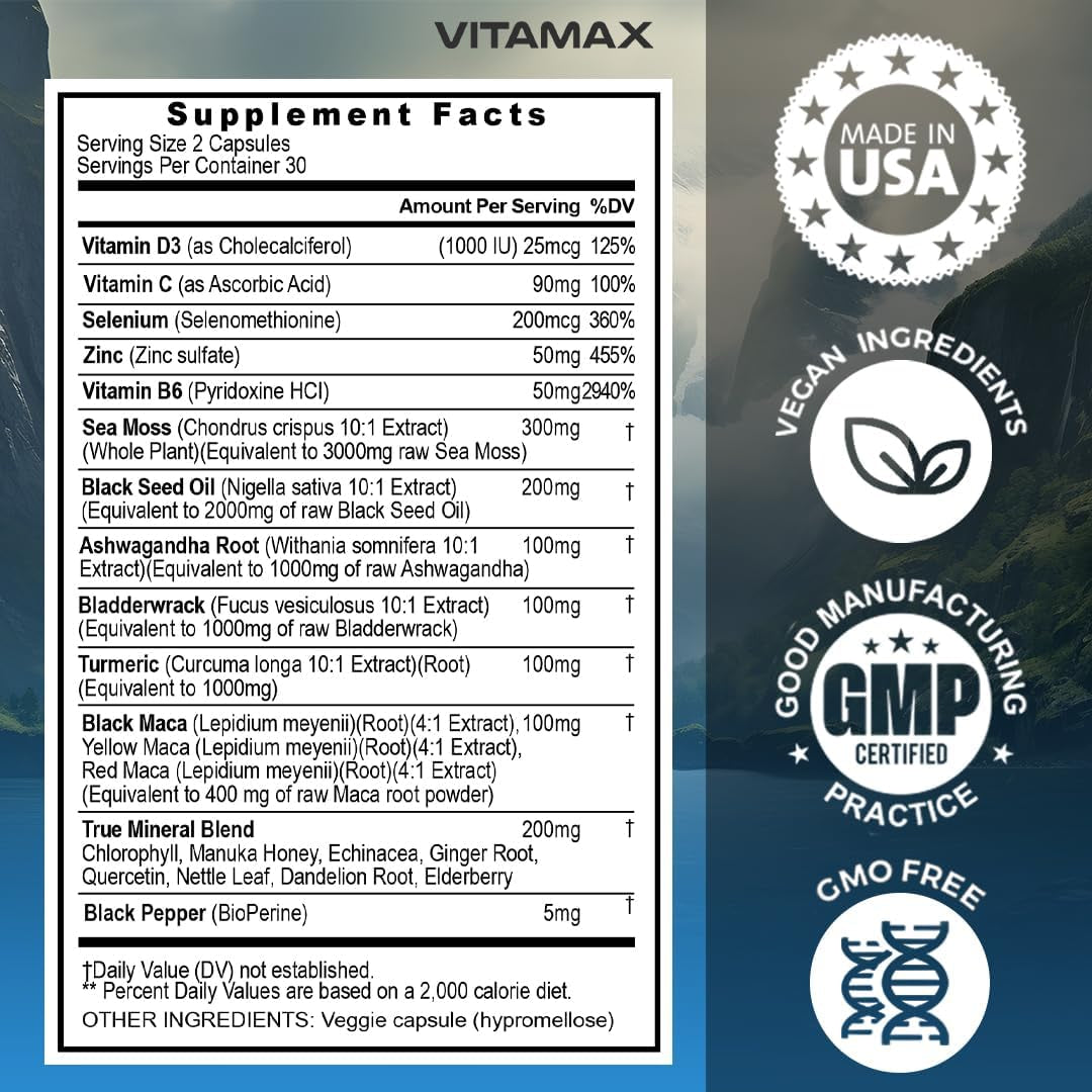 Sea Moss 3000Mg Maca 1000Mg Black Seed Oil 2000Mg Ashwagandha 1000Mg Bladderwrack, Turmeric - Manuka, Elderberry, Vitamins C & D3, Chlorophyll, Zinc, Black Pepper - Made in USA (60 Count (Pack of 1) - Supply Center USA